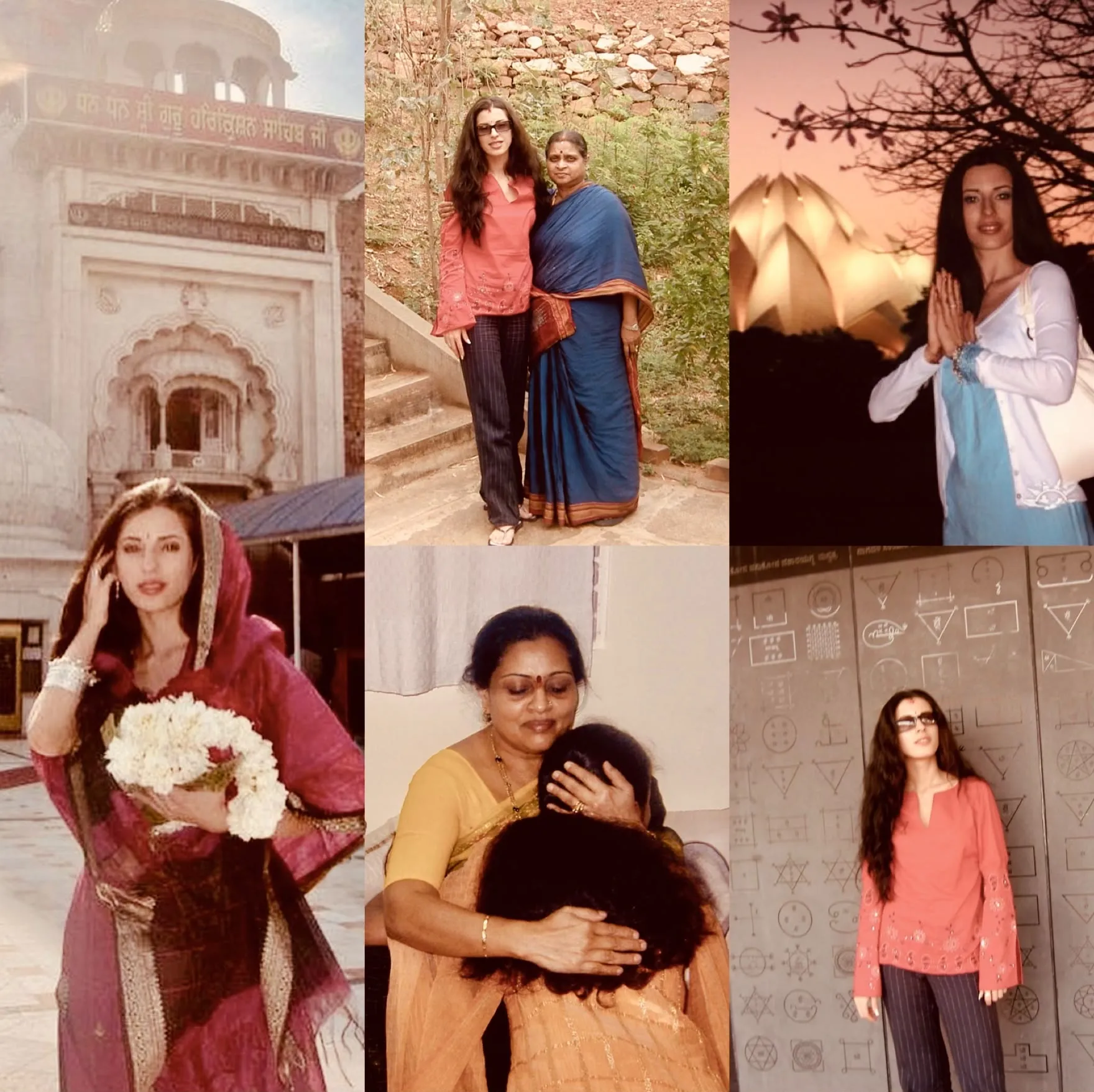 A collage of six photographs of Dalia Lane during her studies in India, at temples and with her teachers