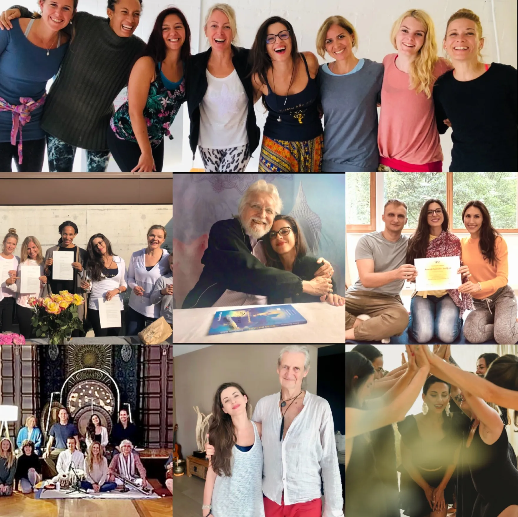 A collage of photographs of Dalia Lane with her teachers and fellow students, some holding their diplomas