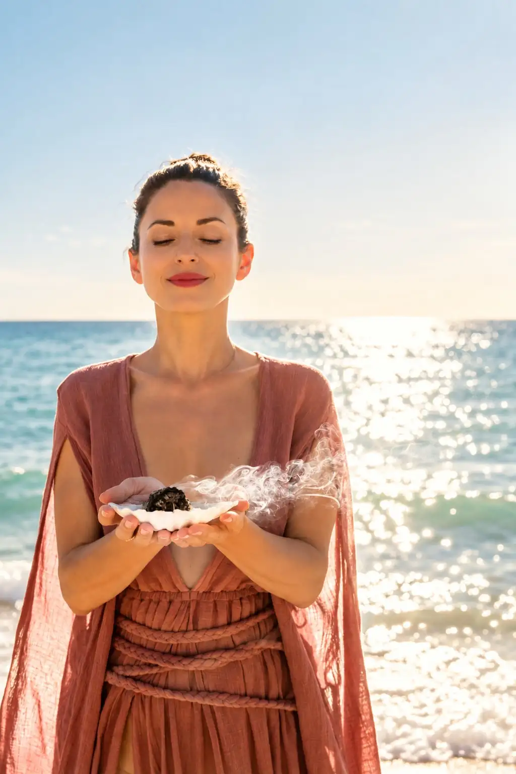 Dalia by the sea, eyes closed, holding a shell with smoking herbs